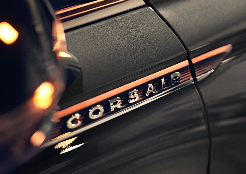 The stylish chrome badge reading “CORSAIR” is shown on the exterior of the vehicle. | Lincoln of Coconut Creek in Coconut Creek FL